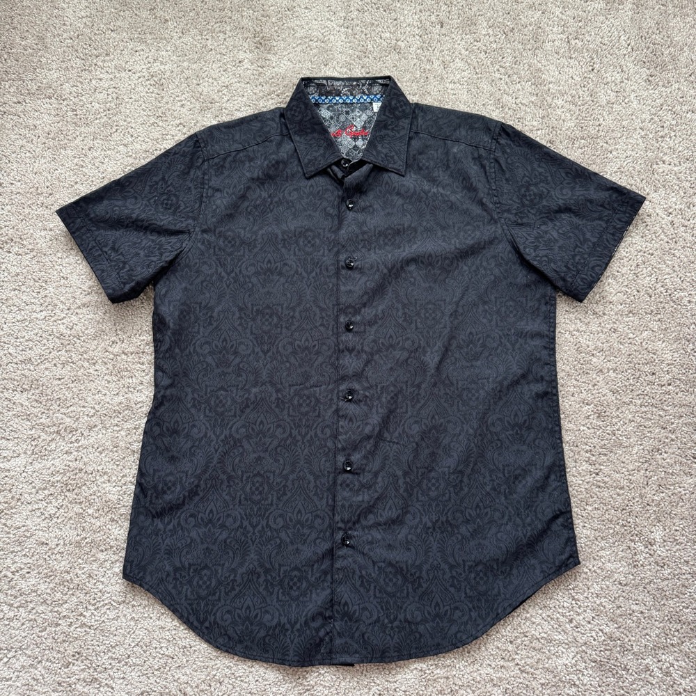 Robert Graham Mens M Black Tonal Damask Jacquard Short Sleeve Button Down Shirt